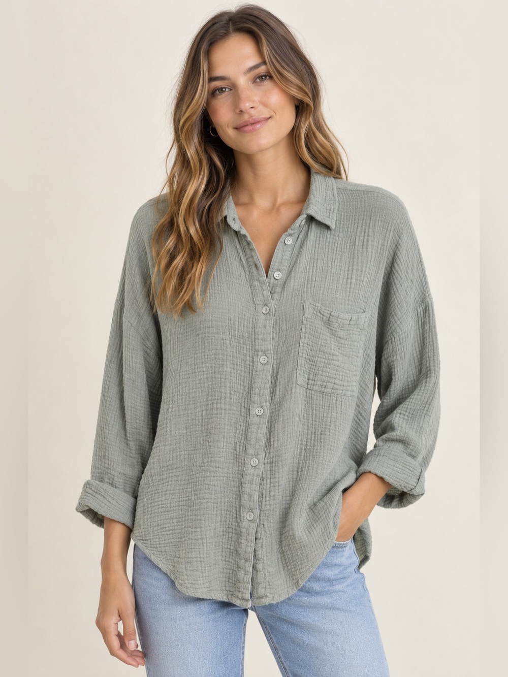 American Eagle Cotton Gauze Button Down Shirt Boyfriend Fit Womens S Sage Green